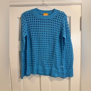 Open-Knit Crewneck Sweater in Turquoise Blue